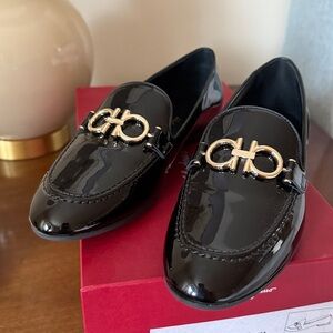 Salvatore Ferragamo Trifoglio Black Patent Leather Loafers